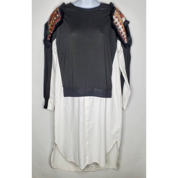 Stella Marina Womens Black Embroidered Frayed Shirt Dress Unique Hippie Boho - Picture 1 of 7